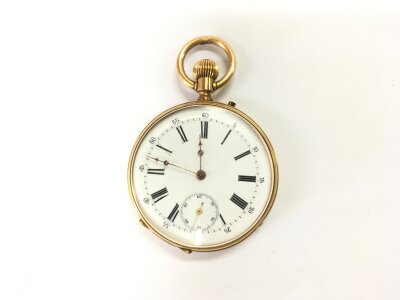 An 18ct gold cased pocket watch with subsidiary dials and Roman numerals.