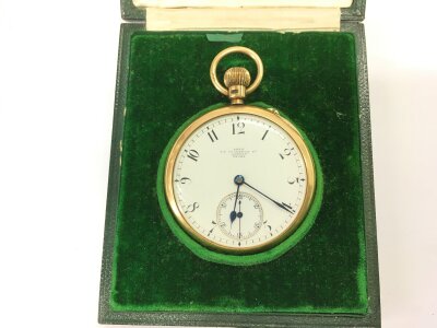 An 18ct gold cased pocket watch with subsidiary dial and Arabic numerals.