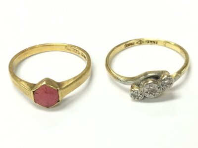 2 18ct gold circa 1930s rings one with coral and other with diamonds. Both size L and 4.30g total.