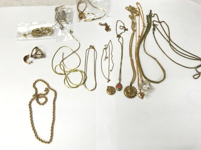 A collection of assorted gold tone jewellery and a 9ct chain 6.39g