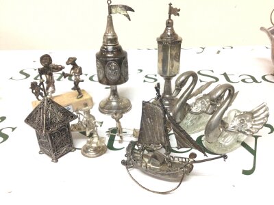 Two Silver Spice towers a silver model. Of a boat a filigree Havdalah and other oddments.