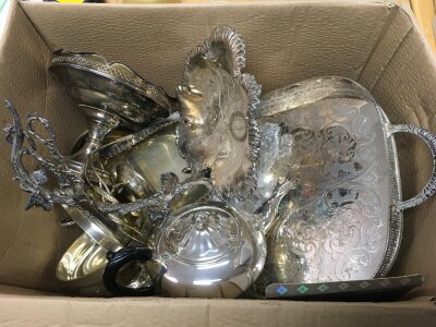 A collection of silver plated items comprising two handled tray, teapot, comport etc.