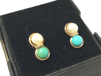 A pair of 9ct gold turquoise and cultured pearl earrings, 1.3G