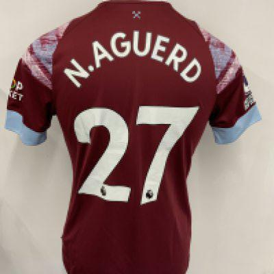 West Ham 2022 - 2023 Match Worn Football Shirt: Home short sleeve shirt with Premier league badging to arms. Aguerd Number 27 to rear. Worn v Tottenham on 19 February 2023.