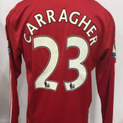 Liverpool 2008 - 2010 Carragher Match Worm Football Shirt: Red long sleeve Adidas shirt with Premier League badging to arms. Signed to front with dedication.