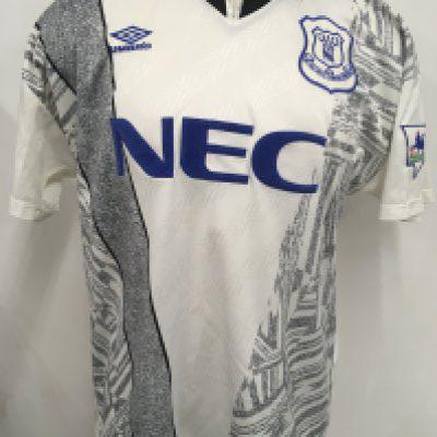 94/95 Everton Match Worn Away Football Shirt: Barry Horne number 27 white and grey short sleeve shirt with black collar. NEC sponsor to front.