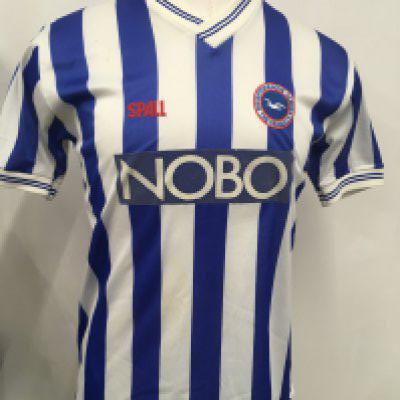 Brighton 1987 - 1988 Match Worn Football Shirt: Number 9 blue and white Nobo sponsored home shirt in the promotion season. Worn by Kevin Bremner who top scored with 12 goals this season.