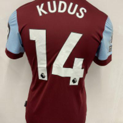 West Ham 2023 - 2024 Match Worn Football Shirt: Claret short sleeve with Premier League badging to arm. Number 14 Kudus to rear. He famously scored wearing this shirt v Newcastle and tried to borrow ball boys stool for celebration. Unwashed.