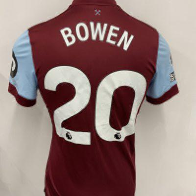 West Ham 2023 - 2024 Match Worn Football Shirt: Claret short sleeve with Premier League badging to arm. Number 20 Bowen to rear. Jarrod wore this in the Premier League match at Wolves. Unwashed.