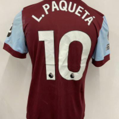 West Ham 2023 - 2024 Match Worn Football Shirt: Claret short sleeve with Premier League badging to arm. Number 14 Paqueta to rear. Lucas wore this in the Premier League match at home to Liverpool. Unwashed.