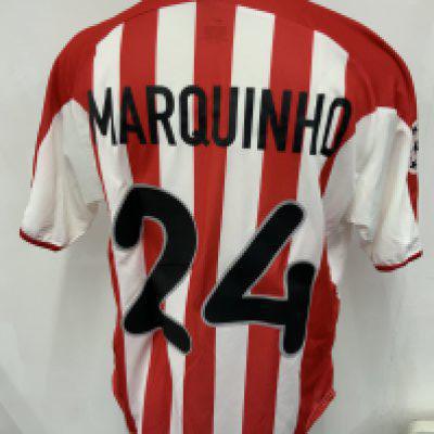 PSV Eindhoven 2000 - 2002 Match Worn Football Shirt: Short sleeve home shirt with Champions League badge to sleeve. Number 24 Marquinho to rear.