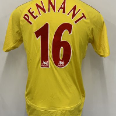 Pennant Liverpool 2006 - 2007 Match Worn Football Shirt: Yellow short sleeve with Pennant number 16 to rear. Premier League badging to sleeves. Swapped with Bobby Zamora. Unwashed.