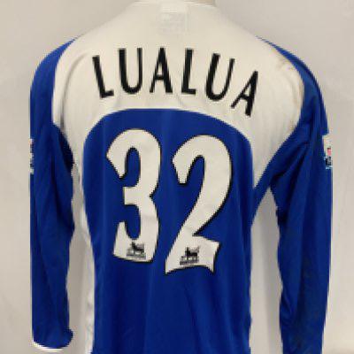 Lualua Portsmouth 2005 - 2006 Match Worn Football Shirt: Blue long sleeve with Lualua number 32 to rear. Premier League badging to sleeves. Swapped with Bobby Zamora. Unwashed.