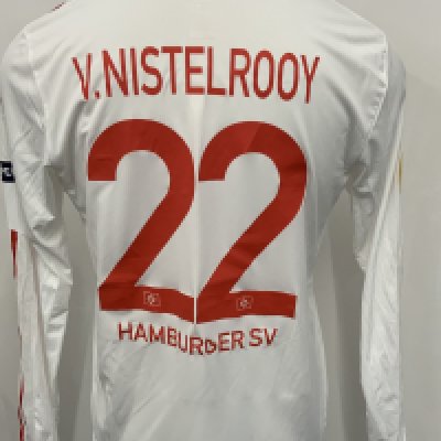 Van Nistelrooy Hamburg 2009 - 2010 Match Issued Football Shirt: White long sleeve with Van Nistelrooy number 22 to rear. Europa League badging to sleeves. Swapped with Bobby Zamora.