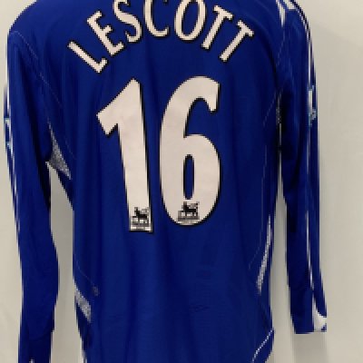 Lescott Everton 2006 - 2007 Match Worn Football Shirt: Blue long sleeve with Lescott number 16 to rear. Premier League badging to sleeves. Swapped with Bobby Zamora. Unwashed.