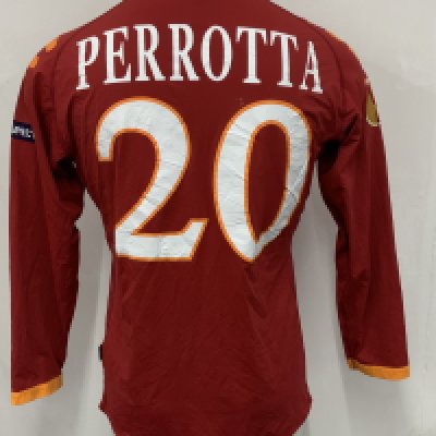 Perrotta Roma 2009 - 20010 Match Worn Football Shirt: Red long sleeve with Perrotta number 20 to rear. Europa League badging to sleeves. Swapped with Bobby Zamora. Unwashed. Player came on v Fulham in the Europa League match.