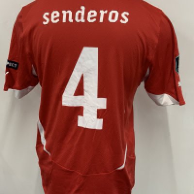 Senderos Switzerland 2009 - 2010 Match Worn Football Shirt: Red short sleeve with Senderos number 4 to rear. Euro 2012 badging to sleeves. Swapped with Bobby Zamora who was an England unused substitute for the match on 4 June 2011. Senderos played the full match. Unwashed.