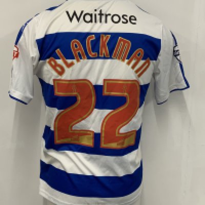 Blackman Reading 2015 - 2016 Match Worn Football Shirt: Blue and white short sleeve with Blackman number 22 to rear. Football League badging to sleeves. Swapped with Bobby Zamora. Unwashed.