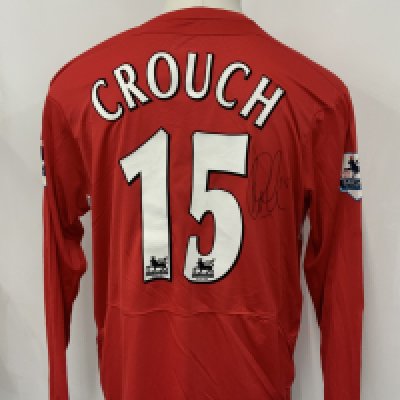 Crouch Liverpool 2005 - 2006 Match Worn Football Shirt: Red long sleeve with Crouch number 15 to rear. Premier League badging to sleeves. Swapped with Bobby Zamora. Signed to right of number by Crouch. Unwashed.