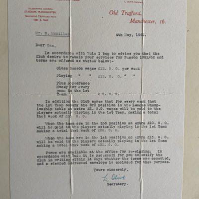 60/61 Manchester United Letter To Football Player: On Man Utd headed paper is a mounted letter to McMillen to let him know that the club want to retain his services for 61/62. With a wage of 15 pounds per week in the season plus an extra fiver if playing. Signed by Les Olive.