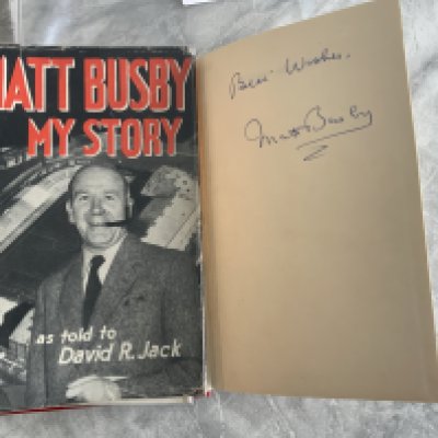 Matt Busby Signed Manchester United Football Book: My Story 1957 by Souvenir Press. Undedicated signature reads Best Wishes Matt Busby. Good with dust jacket fading at spine.