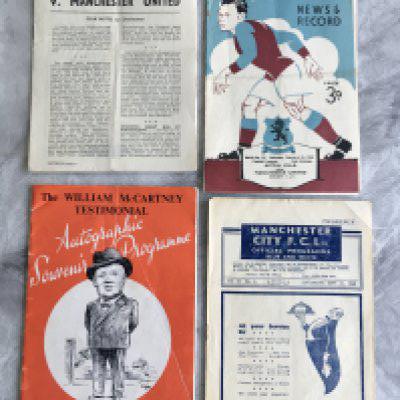 48/49 Manchester United Away Football Programmes: Hibernian McCartney testimonial fair and league matches at Charlton Aston Villa + Manchester City. Good. (4)