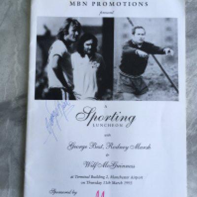 George Best Signed Football Menu: Sporting luncheon held in Manchester in 1993. Signed without dedication underneath picture of him with Rodney Marsh.