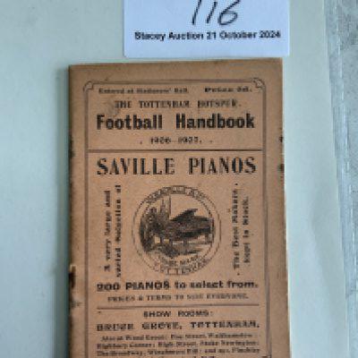 1906 - 1907 Tottenham Pre League Football Handbook: Very good condition 58 page handbook with all the usual fixtures player profiles and local adverts. Spurs joined the league in 1908 - 1909. Rusty staples holding firm. Rare item indeed from the pre league days.