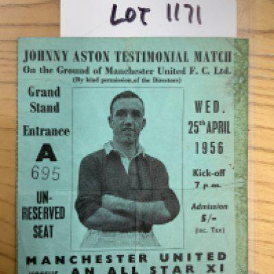 55/56 Manchester United Johnny Aston Testimonial Football Ticket: Benefit match dated 25 4 1956 played at Old Trafford. Picture of Aston printed on ticket. Ex tape mark to border and folding.