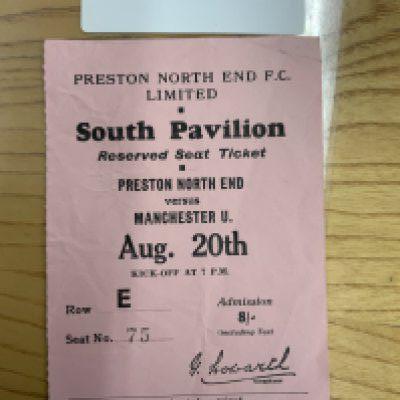 56/57 Preston v Manchester United Football Ticket: First away league match of the season which turned out to be a league winning season for Man Utd. Very good.