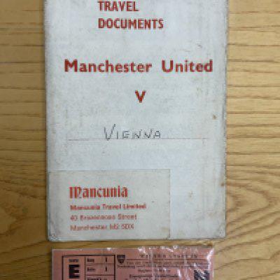 68/69 Rapid Vienna v Manchester United Travel Documents + Ticket: Flight ticket in travel documents envelope which has printed the words Manchester United. C/W ticket for European Cup quarter final match on 5 3 1969.