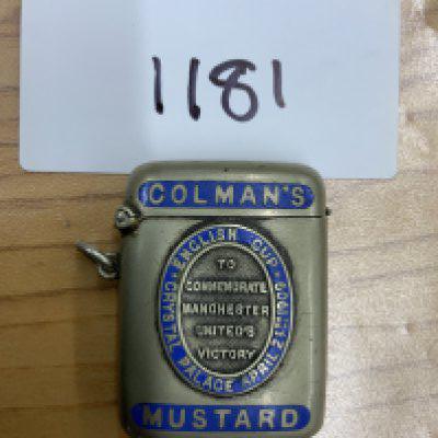 Colmans Mustard 1909 Manchester United FA Cup Winners Case: Small cigarette case for holding tobacco with the bottom where you would strike a match. Front reads Colmans Mustard English Cup Crystal Palace with date of final. Also To Commemorate Manchester Uniteds Victory. 115 years old in good condition.