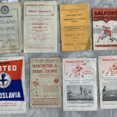 Miscellaneous Football Programmes Of Matches At Old Trafford: 47/48 England v Ireland Schools, 59/60 Lancashire FA v Cheshire FA, 61/62 Lancashire Boys v Birmingham, 58/59 Salford v Leeds Rugby. C/W 1951 Red Star Festival of Britain, 1948 FA Cup semi final pirate, 60/61 Reserves v Rest of the League. Fair. (8)