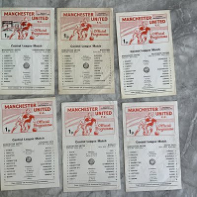 73/74 Manchester United Reserve Home Football Programmes: Single sheets in good condition with no writing. Central League matches include Aston Villa Burnley Coventry Blackburn Blackpool and Huddersfield. (6)