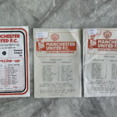 Manchester United Reserve Home Football Programmes: Harder to obtain Central League matches v 78/79 Leeds team changes, 81/82 Derby + 82/83 Aston Villa. (3)