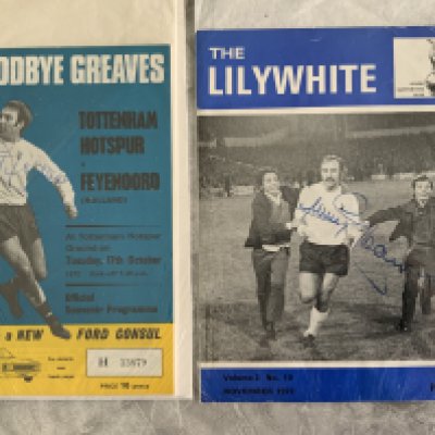 Jimmy Greaves Signed 1972 Tottenham Testimonial Memorabilia: Programme for match v Feyenoord, front page of November 1972 Lillywhite magazine and a full size magazine picture of Jimmy tossing a coin with the Feyenoord captain. All 3 items hand signed clearly by Greaves without dedication. (3)