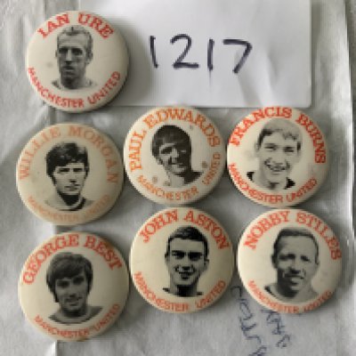 1960s Manchester United Football Button Badges: Original old pin badges of players. Includes Best Aston Stiles Burns Morgan Ure and Paul Edwards. Good. (7)