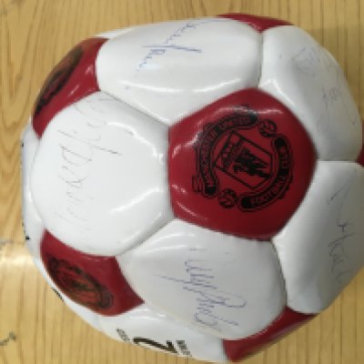 Manchester United Signed Football + Autograph Book: Signed Manchester United ball ball is from around 1991 and the 14 autographs include Pallister Irwin Webb Robson and Blackmore. C/W autograph book from similar era but does include Denis Law and Archie Knox.