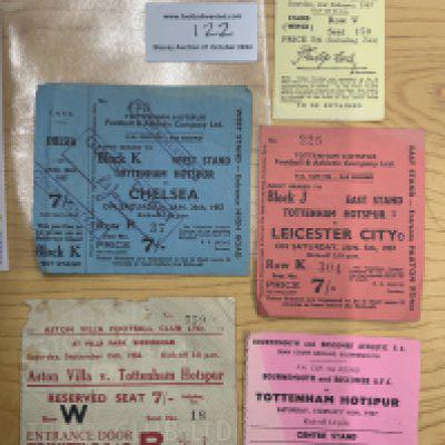 Tottenham 56/57 Football Tickets: Away league matches at Luton and Aston Villa plus Bournemouth FA cup. C/W home FA cup matches v Leicester score written and an unused and creased Chelsea. Fair/good. (5)