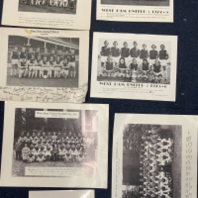 West Ham Football Team Groups: All large to include original team group of West Ham before match in South Africa in 1962 on card. Other original team groups include 63/64 75/76 74/75 and a press photo of the 1st team reserves and youth players signed to rear by 5. C/W two old replica team groups. (7)