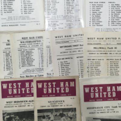 West Ham Complete Home Football Programmes: From 65/66 to 82/83 near complete of all 1st team matches. C/W some reserve and youth matches, 3 European aways, set of 99/00 aways and a 65/66 Supporters handbook.