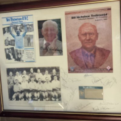 Bill Nicholson Testimonial Signed Framed Display: Nice tribute to the Spurs legend with both testimonial programmes a signed picture of him plus 9 players including Greaves Chivers Clemence Jennings Kinnear Perryman Brooke Pratt and Falco. C/W ticket and programme to his memorial service at White Hart Lane. Not for posting.
