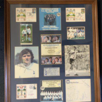 Tottenham, FA Cup Final + Burkinshaw Signed Framed Display: Large frame containing FA Cup single records for 81 and 82. 3 signed FDCs for cup finals, signed Roberts photo, Burkinshaw programme and ticket plus a signed letter head x 7 players including Ardiles and Perryman. Nice display but not for posting.
