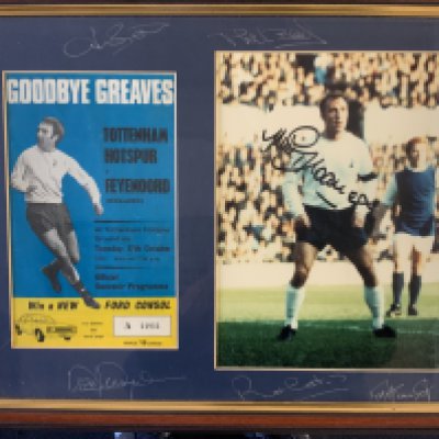 Tottenham Signed Framed Testimonial Collection: A must view collection with each frame having a testimonial programme plus signed picture and often signatures to the board of other players. Includes Greaves with 5 other players, Gilzean + 6 others, Daines + 1 other, Beal + 6 others, Jennings + 5 others, Pratt + 4 others, Clemence, Knowles + 3 others, Ardiles + 2 others. Blanchflower display has faded autograph of Danny but had FDCs signed by Dyson and Baker plus a rosette. 10 frames with vendor obtaining the autographs himself. Not for posting. (10)