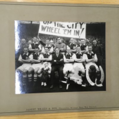 Chelmsford City 1939 FA Cup Football Team Press Photo: Stuck down on original Wilkes card protector. Actual photo nearly 10 x 8 inches depicting the Chelmsford team on the pitch at Birmingham in the FA Cup 4th round. 85 years old in good condition.