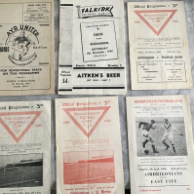 Airdrie Early 1950s Football Programmes: Homes v 51/52 St Mirren, 52/53 Motherwell, 53/54 Hamilton, Dundee, 54/55 Queens Park, Third Lanark, 55/56 Celtic, Kilmarnock, East Fife. Aways at 50/51 Falkirk + 54/55 Ayr Utd. Very good. (11)