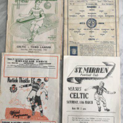 Celtic 1940s + 1950s Football Programmes: Home 50/51 Third Lanark staining and pen inside, Aways at 48/49 Rangers fair with score to front, 49/50 St Mirren, 50/51 Partick Thistle. Good unless stated. (4)