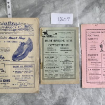 Cowdenbeath Early 1950s Football Programmes: 50/51 aways at Dunfermline tiny tape to spine and Kilmarnock plus home match v St Johnstone with small pen mark to cover. Good. (3)
