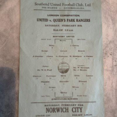 45/46 Southend United v QPR Reserves Football Programme: Single sheet London Combination match dated 16 2 1946. Good condition with no writing.