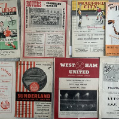 1950s English Clubs v Foreign Clubs Football Programmes: Includes Festival of Britain 50/51 Fulham v Dinamo, 53/54 Doncaster v Wacker, 53/54/Luton v Admira, 54/55 Accrington v St Mirren, West Ham v St Mirren, 55/56 Sunderland v Dynamo, 56/57 Hull v Bremen, Bradford City v Airdrie. Good. (8)